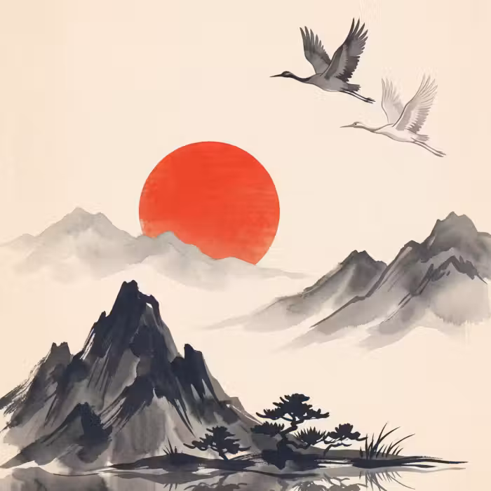 Behang - Oosters - Kraanvogels - Landschap