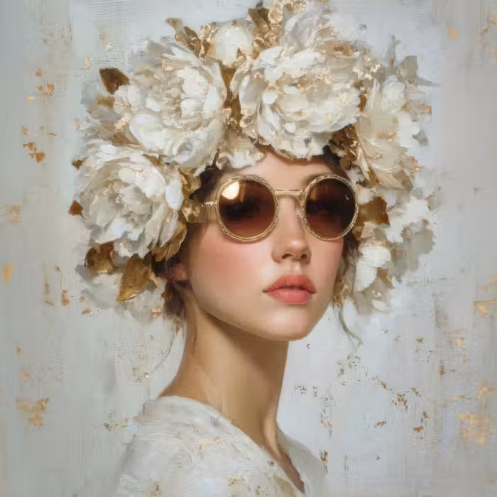 Behang - Schilderij - Vrouw - Zonnebril - Bloemenkrans