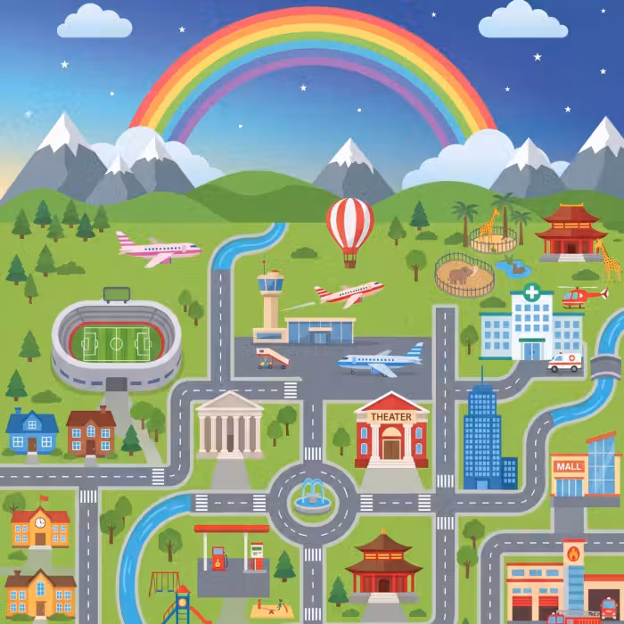 Behang - Stad - Plattegrond - Cartoon