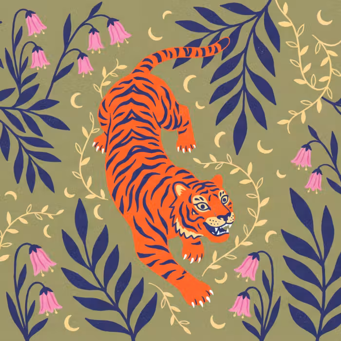 Behang - Tijger - Bladeren - Dieren - Illustratie - Oranje