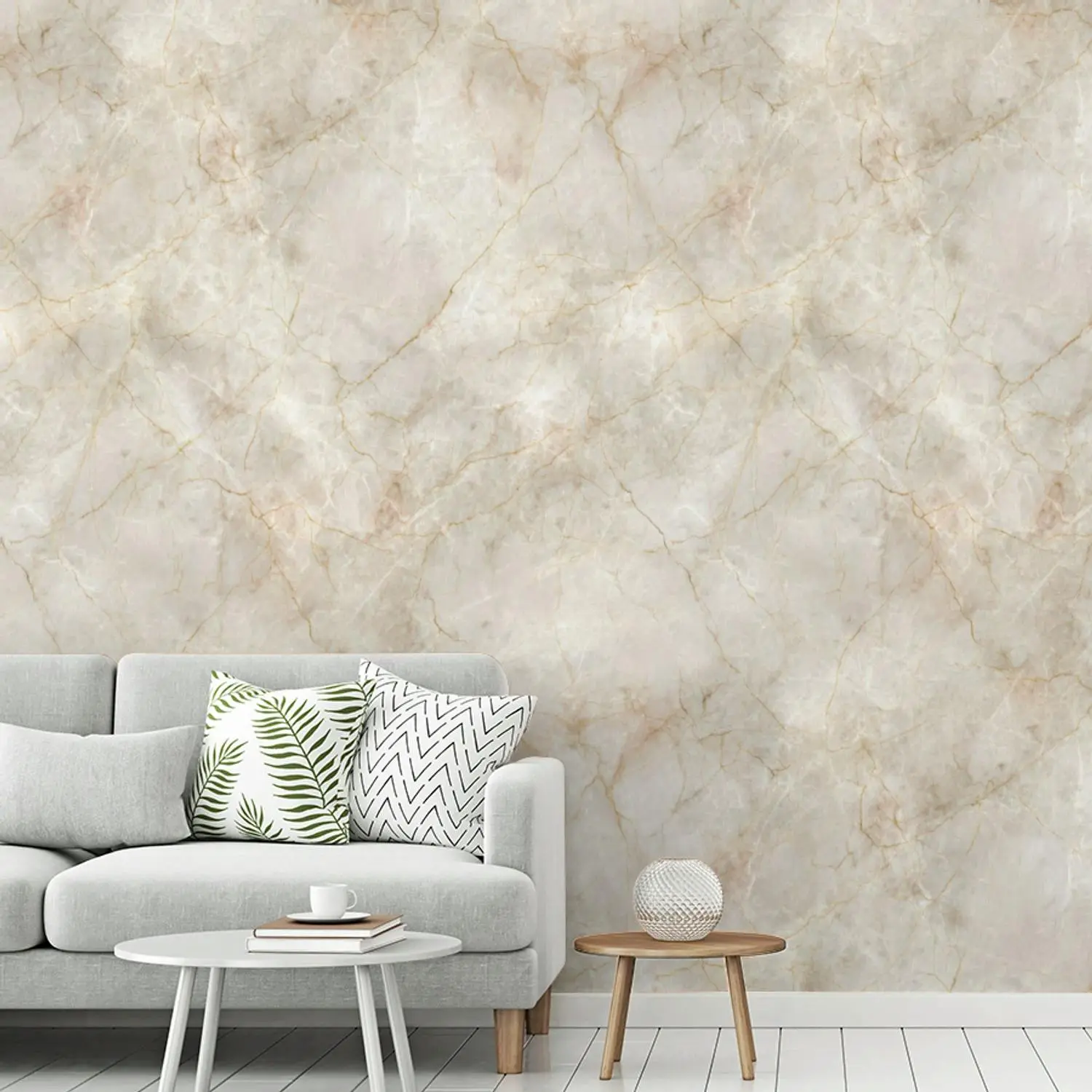 Behang - Lichtbeige - Goudbruine Nerven - Marmer