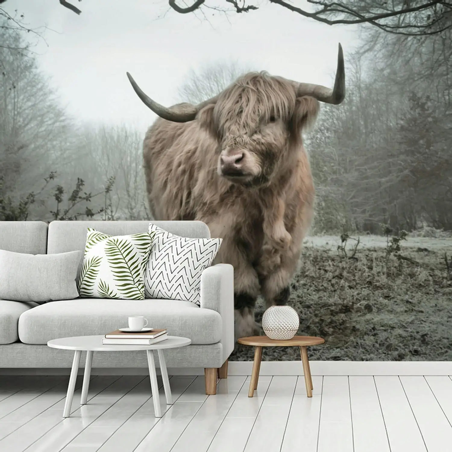 Behang - Schotse Hooglander - Bos - Mist - Koe - Dieren - Natuur