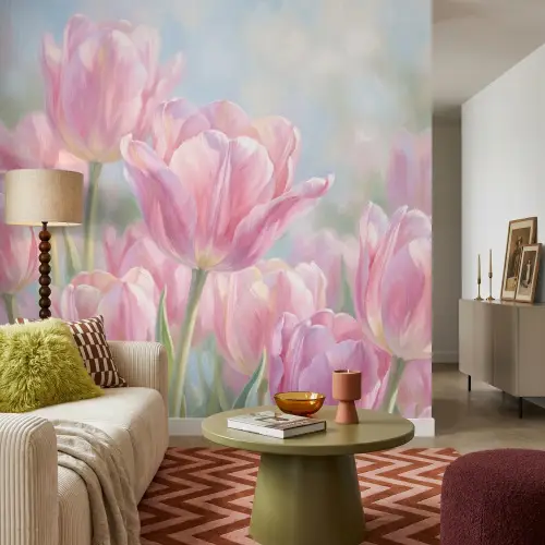 Tulpen - Veld - Lente - Roze Behang Vlies klein -sfeer3