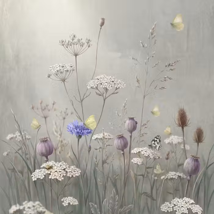 Behang - Vlinders - Wildbloemen - Illustratie - Kleurrijk