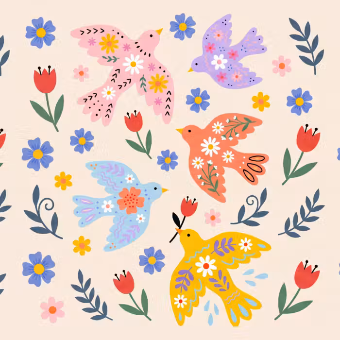 Behang - Vogel - Bloemen - Folk - Kleurrijk - Dieren