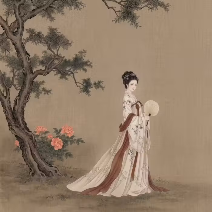 Behang - Vrouw - Azië - Kunst - Beige