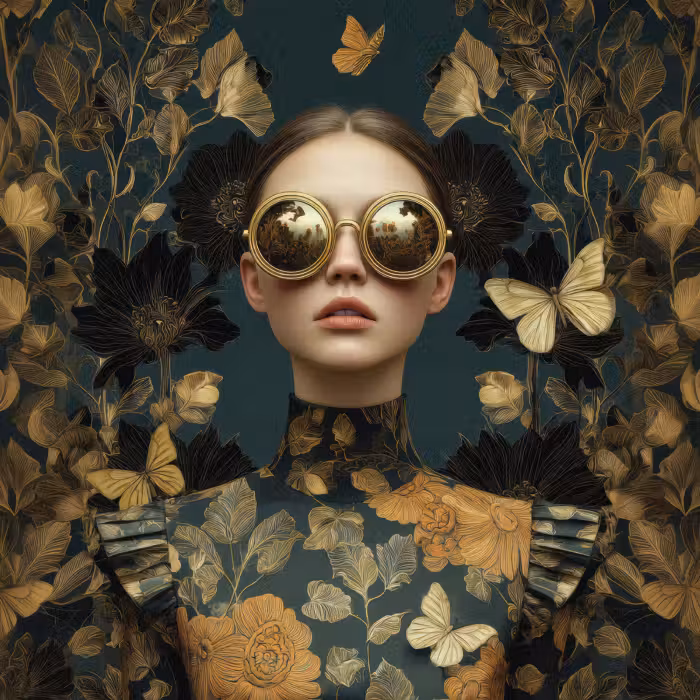 Behang - Vrouw - Bladeren - Goud - Vlinders