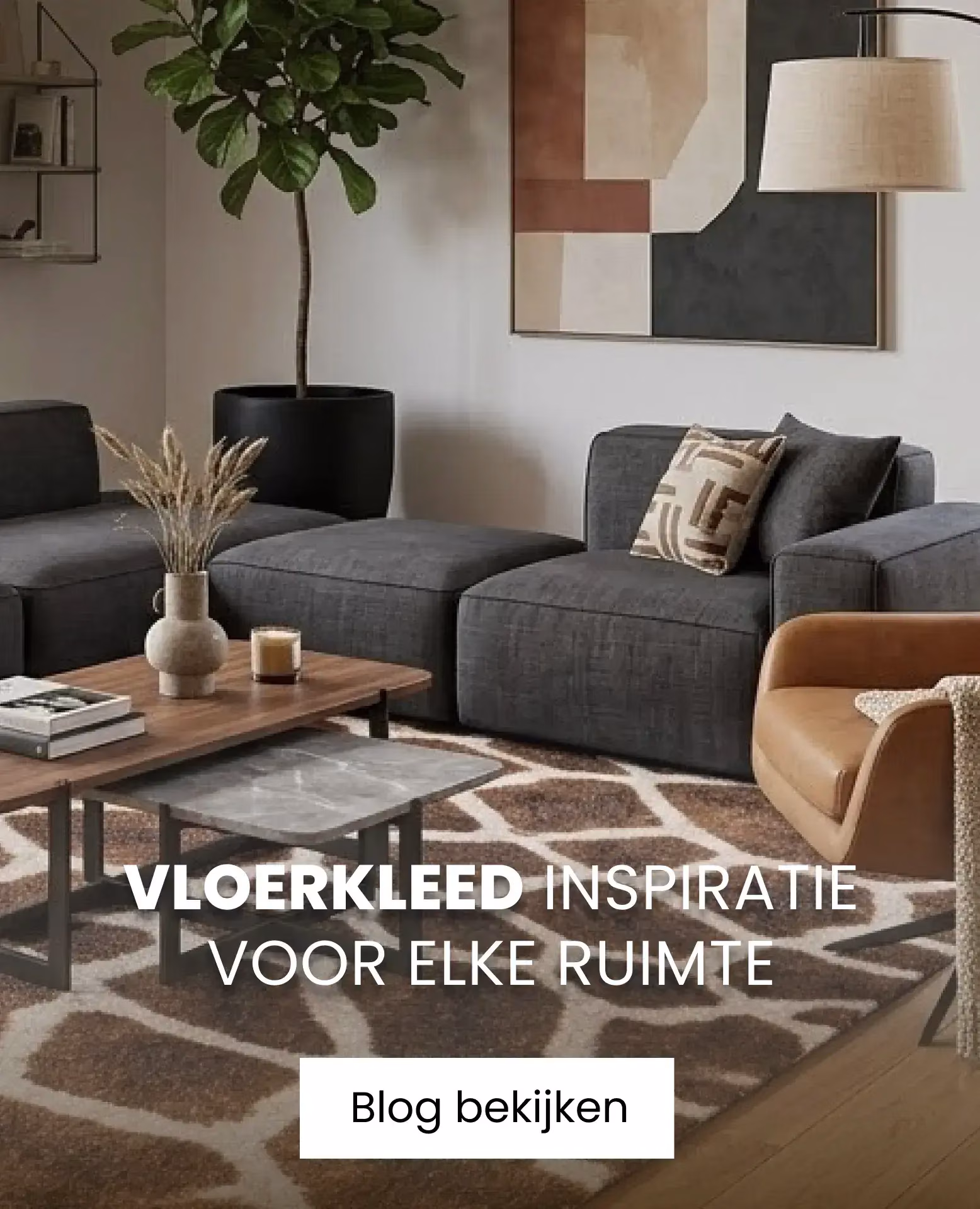 bruin vloerkleed bij grijze bank