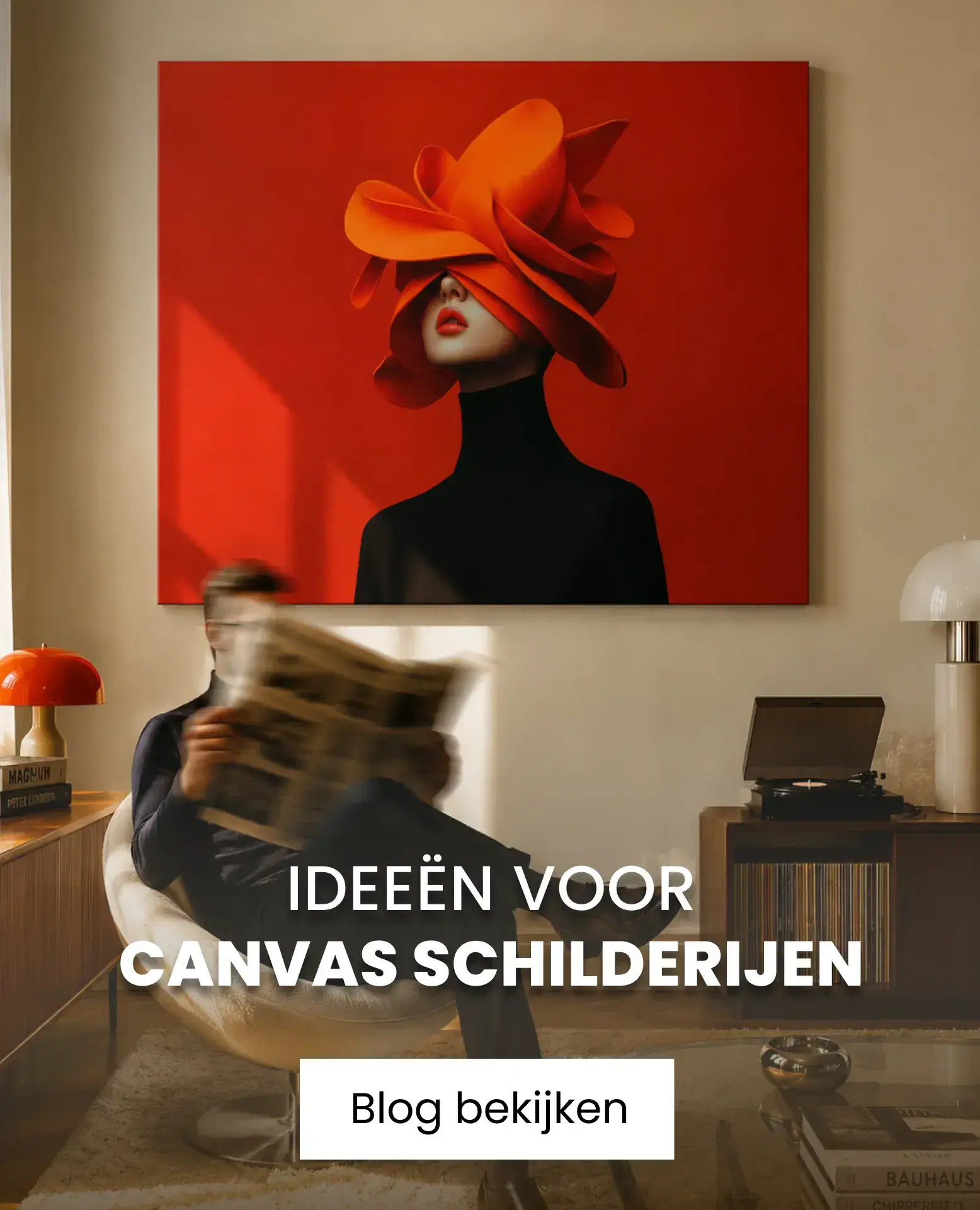 canvas schilderij rood met vrouw
