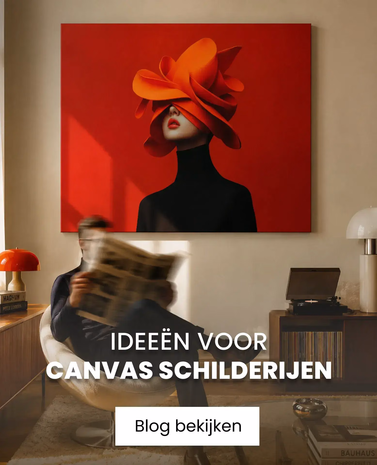 canvas schilderij rood met vrouw