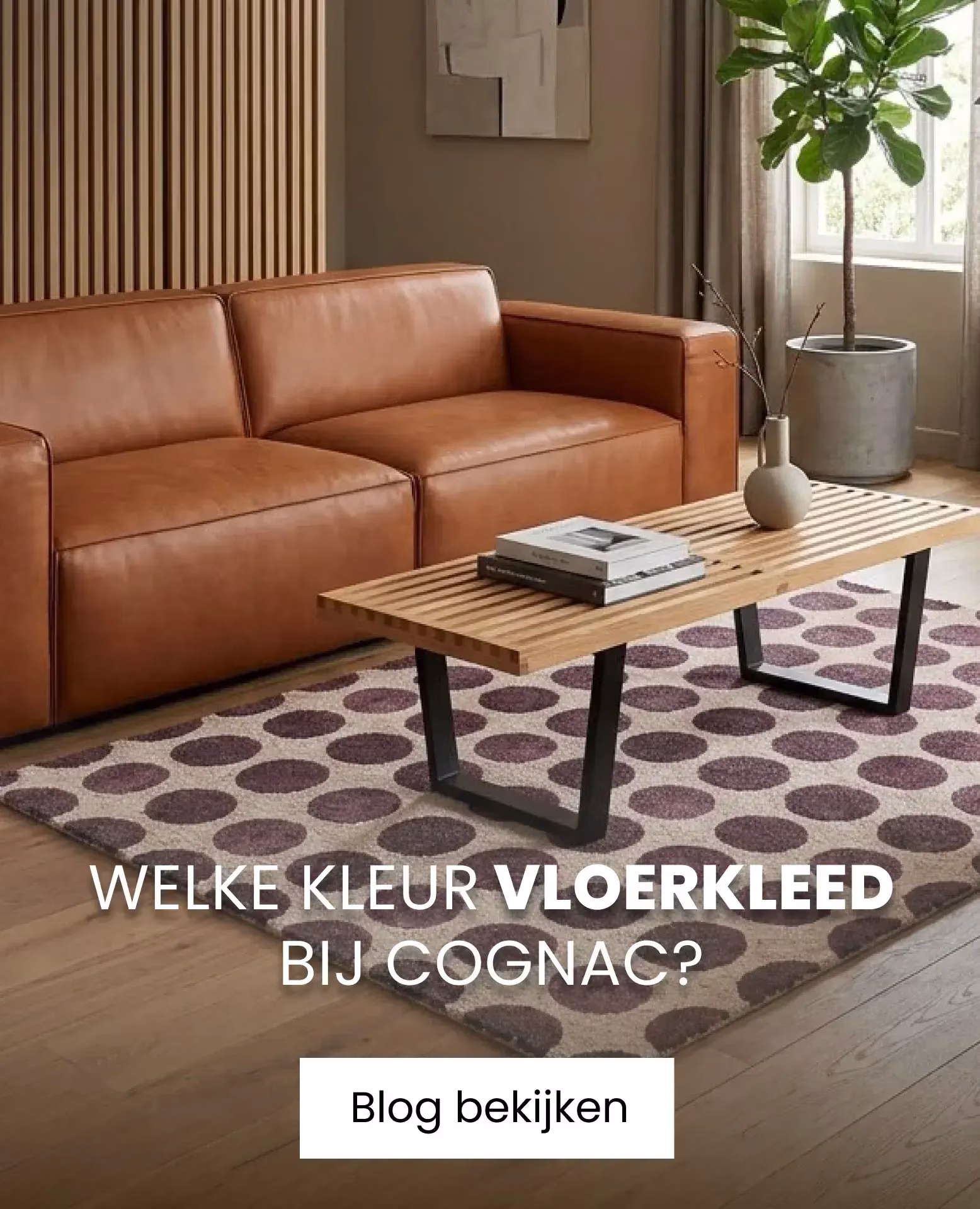 cognac bank met vloerkleed met stippen