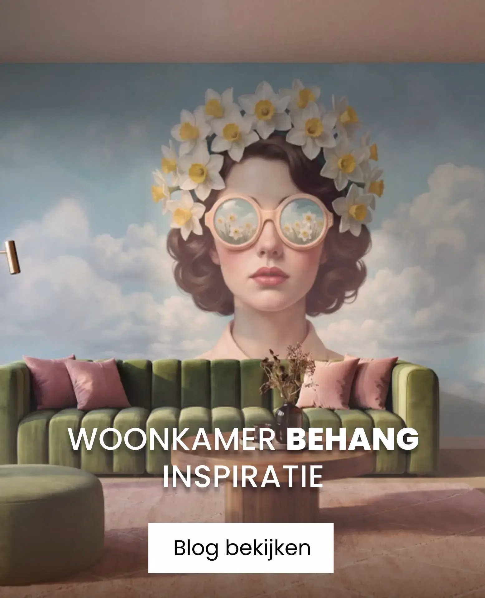 woonkamer met behang van vrouw