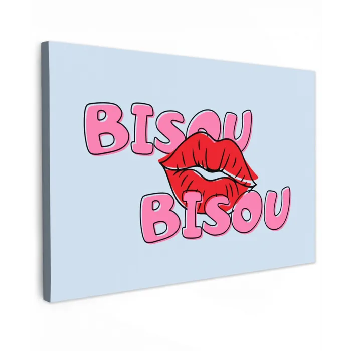 Bisou - Blauw - Roze - Lippen Tuinposter op houten frame 2 cm dik klein -3d
