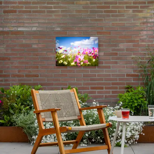 Bloemen - Wei - Paars - Gras - Wit - Wolken - Blauw Tuinposter op houten frame 2 cm dik klein -sfeer3