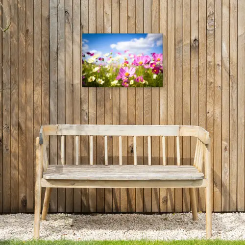 Bloemen - Wei - Paars - Gras - Wit - Wolken - Blauw Tuinposter op houten frame 2 cm dik klein -sfeer4