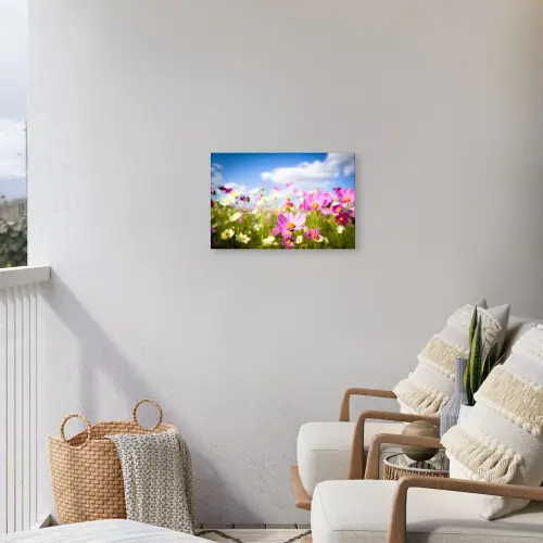 Bloemen - Wei - Paars - Gras - Wit - Wolken - Blauw Tuinposter op houten frame 2 cm dik klein -sfeer1