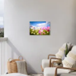 Bloemen - Wei - Paars - Gras - Wit - Wolken - Blauw Tuinposter op houten frame 2 cm dik klein -sfeer1