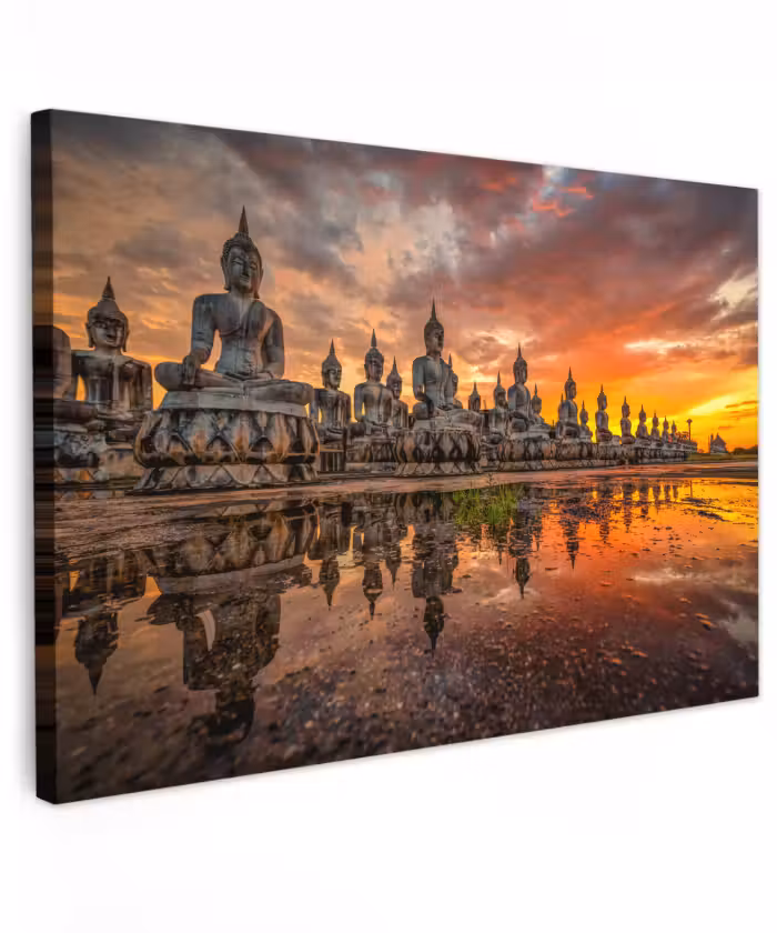 Buiten canvas - Boeddha beelden - Zonsondergang - Water - Boeddhisme