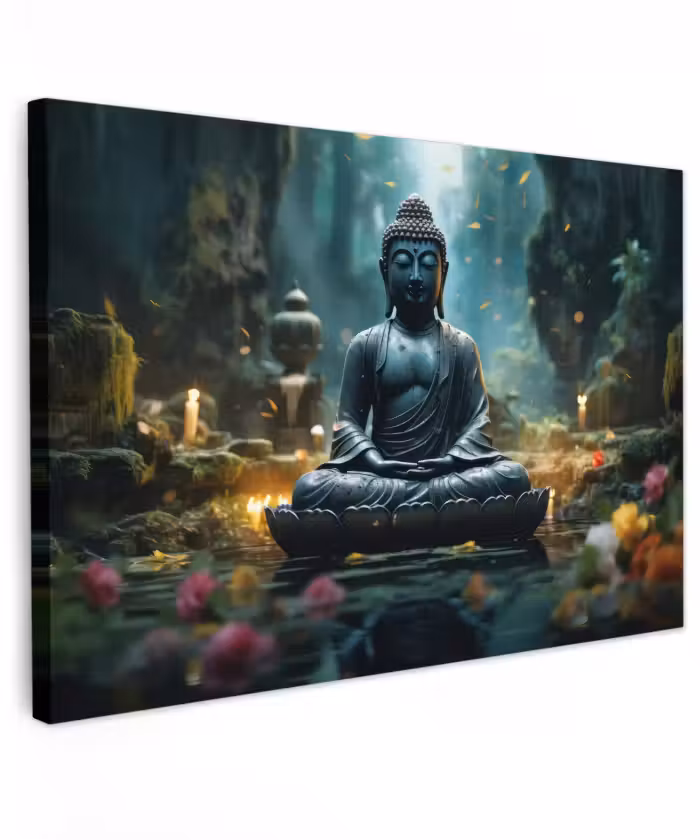 Buiten canvas - Boeddha in een mystieke tuin