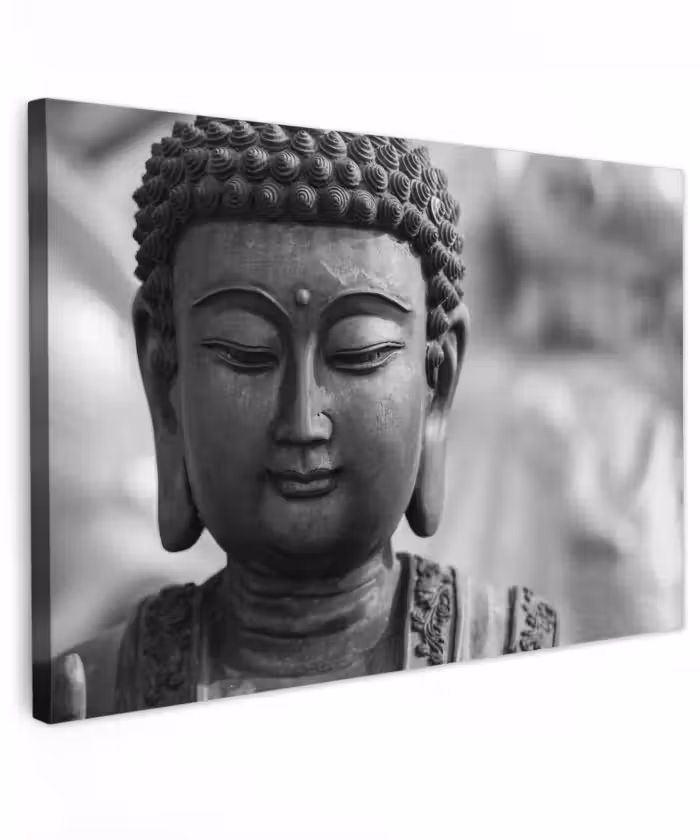 Buiten canvas - Boeddha in zwart-wit close-up