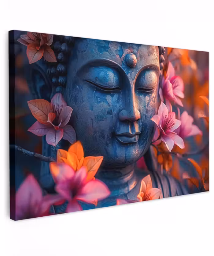 Buiten canvas - Boeddha omgeven door kleurrijke bloemen