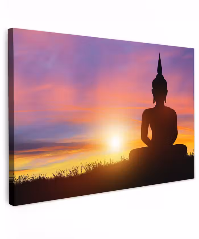 Buiten canvas - Boeddha silhouet bij zonsopgang