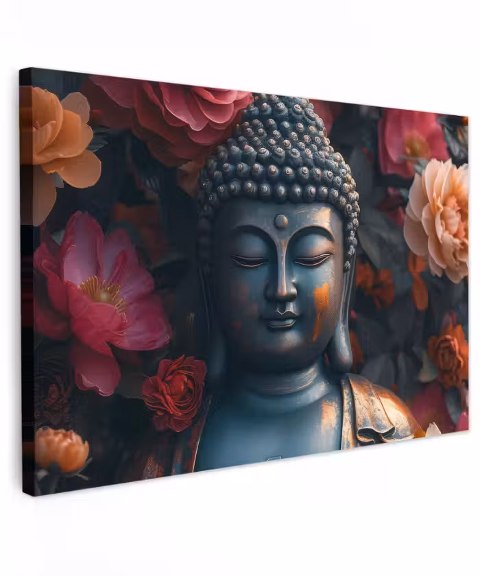 Buiten canvas - Boeddhabeeld omgeven door bloemen