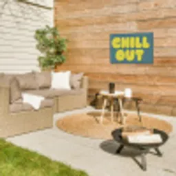 Chill out - Geel - Blauw Tuinposter op houten frame 2 cm dik klein -sfeer2