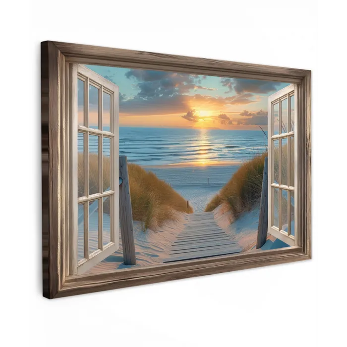 Doorkijk - Strand - Pad - Zonsondergang Tuinposter op houten frame 2 cm dik klein -3d