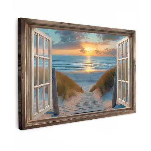 Doorkijk - Strand - Pad - Zonsondergang Tuinposter op houten frame 2 cm dik klein -3d