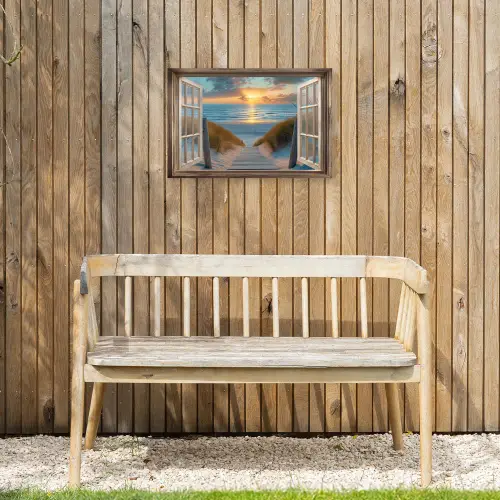 Doorkijk - Strand - Pad - Zonsondergang Tuinposter op houten frame 2 cm dik klein -sfeer4