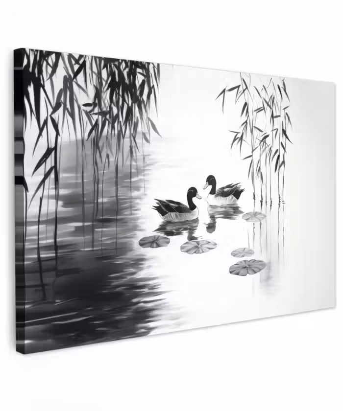 Buiten canvas - Eenden - Waterlelies - Riet - Zwart
