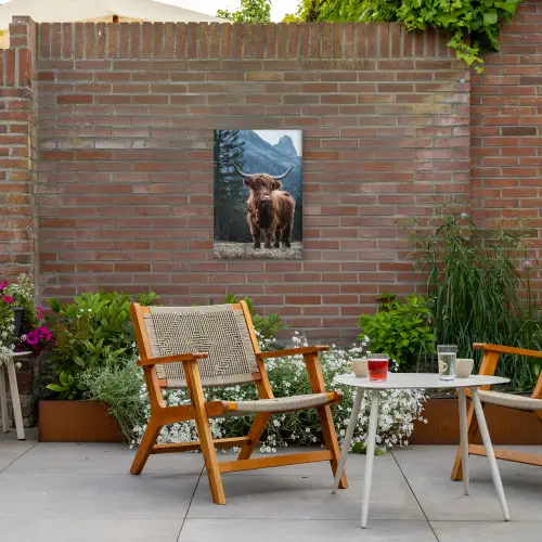 Hooglander voor Bergen Tuinposter op houten frame 2 cm dik klein -sfeer3