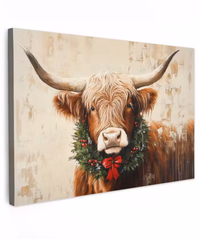 Buiten canvas - Kerst - Schotse Hooglander - Bruin - Krans