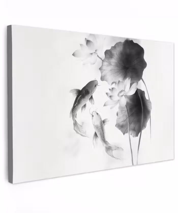 Buiten canvas - Lotusbloemen - Vissen - Bladeren - Zwart