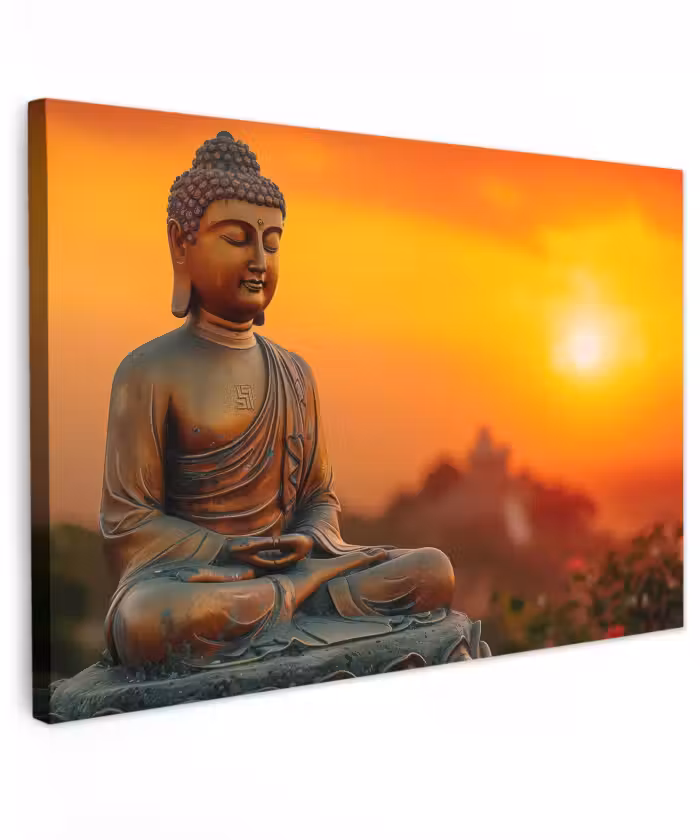 Buiten canvas - Mediterende Boeddha bij zonsondergang
