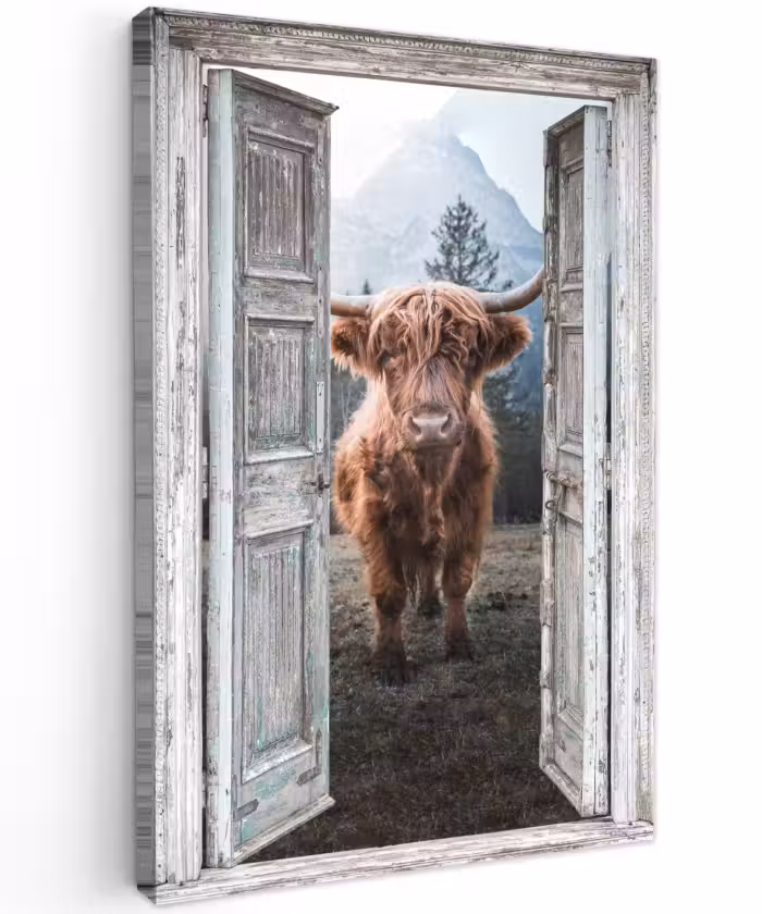 Buiten canvas - Oude deuren naar Schotse Hooglander