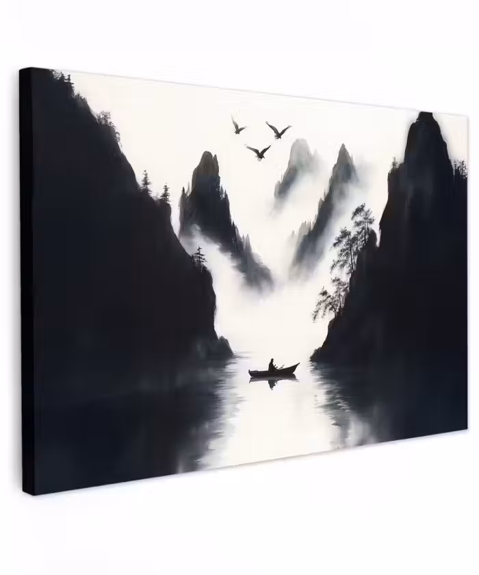 Buiten canvas - Roeiboot - Mistig - Bergen - Vogels