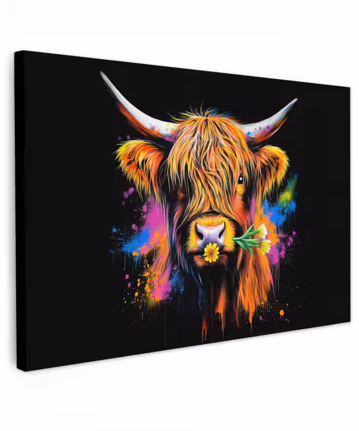 Buiten canvas - Schotse Hooglander - Graffiti - Kleurrijk - Bloem - Dieren