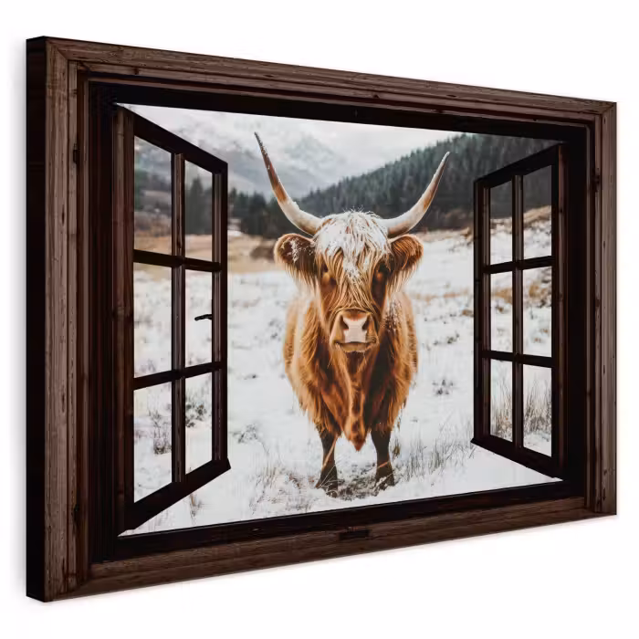 Buiten canvas - Schotse Hooglander - Landschap - Landelijk - Bergen - Winter - Doorkijk - Donker