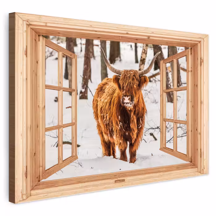 Buiten canvas - Schotse Hooglander - Winter - Landschap - Natuur - Dieren - Doorkijk