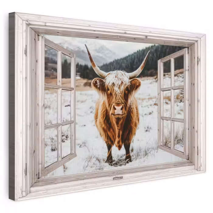 Buiten canvas - Schotse Hooglander - Winterlandschap - Landelijk - Bergen - Doorkijk