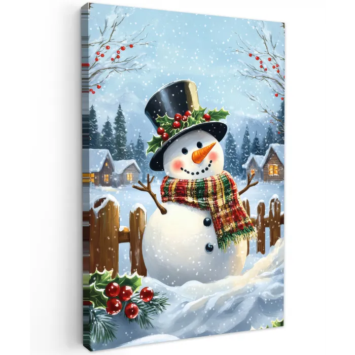 Sneeuwpop - Winterdorp - Kleurrijk Tuinposter op houten frame 2 cm dik klein -3d