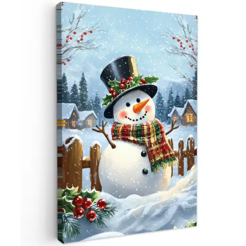 Sneeuwpop - Winterdorp - Kleurrijk Tuinposter op houten frame 2 cm dik klein -3d