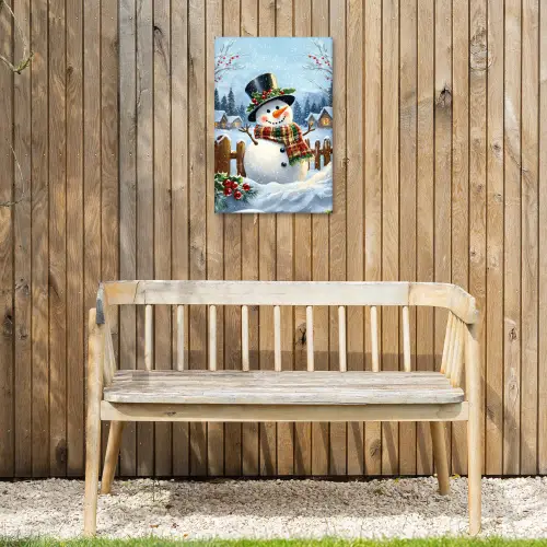 Sneeuwpop - Winterdorp - Kleurrijk Tuinposter op houten frame 2 cm dik klein -sfeer4