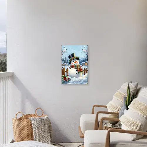 Sneeuwpop - Winterdorp - Kleurrijk Tuinposter op houten frame 2 cm dik klein -sfeer1