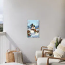 Sneeuwpop - Winterdorp - Kleurrijk Tuinposter op houten frame 2 cm dik klein -sfeer1