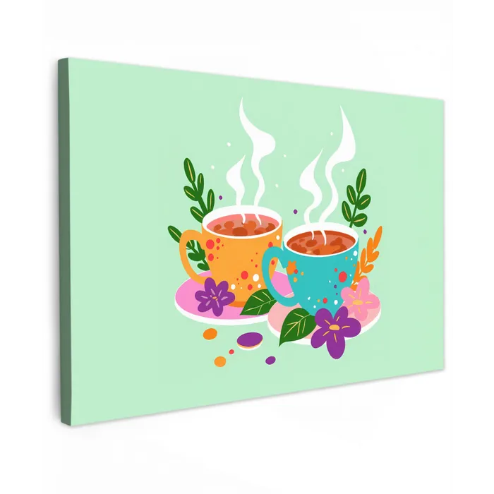 Thee - Illustratie - Kopjes - Bloemen Tuinposter op houten frame 2 cm dik klein -3d