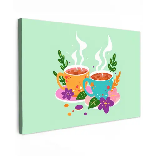 Thee - Illustratie - Kopjes - Bloemen Tuinposter op houten frame 2 cm dik klein -3d