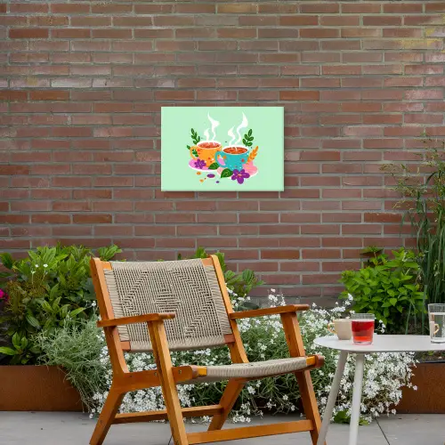 Thee - Illustratie - Kopjes - Bloemen Tuinposter op houten frame 2 cm dik klein -sfeer3